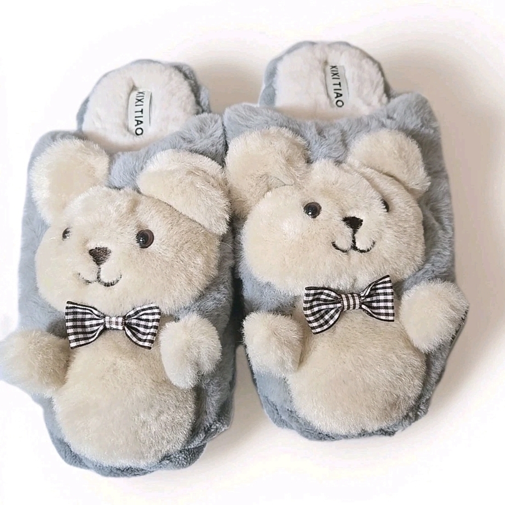 Fuzzy Bear Slippers Beige Gray Women's 9-10